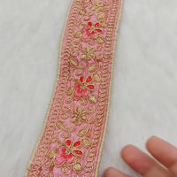 Pink Art Silk Trim In Gold, Red and Pink Floral Embroidery, Embroidered Flowers Border