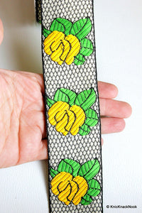 Thumbnail for Jacquard Weave Yellow Rose Floral Trim Indian Sari Border, Decorative Costume Trim, Fashion Trim