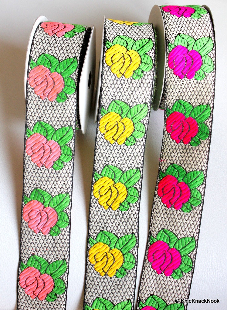 Jacquard Weave Yellow Rose Floral Trim Indian Sari Border, Decorative Costume Trim, Fashion Trim