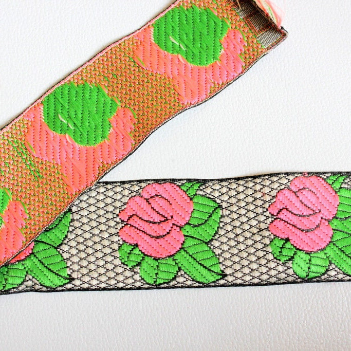 Black And White Lace With Pink Rose And Green Leaves Floral Trim, Approx. 47mm wide - 140316L223B