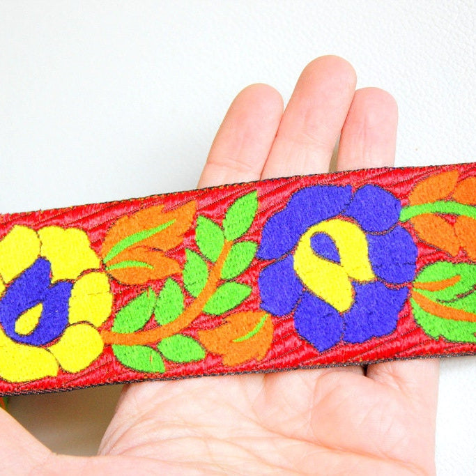 Jacquard Red Woven Trim With Floral Embroidery, Yellow, Blue