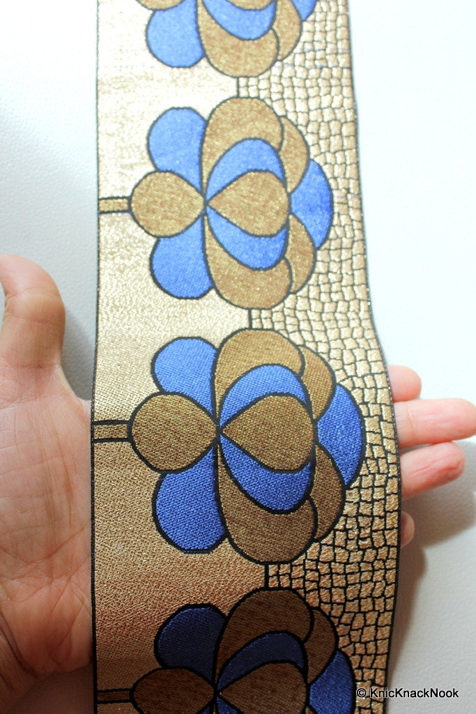 Fabric Trim With Blue, Bronze, Silver And Black Floral Embroidery