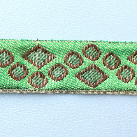 Green, Gold And Bronze Jacquard Weave Lace Trim, Approx. 32mm Wide Indian Sari Border