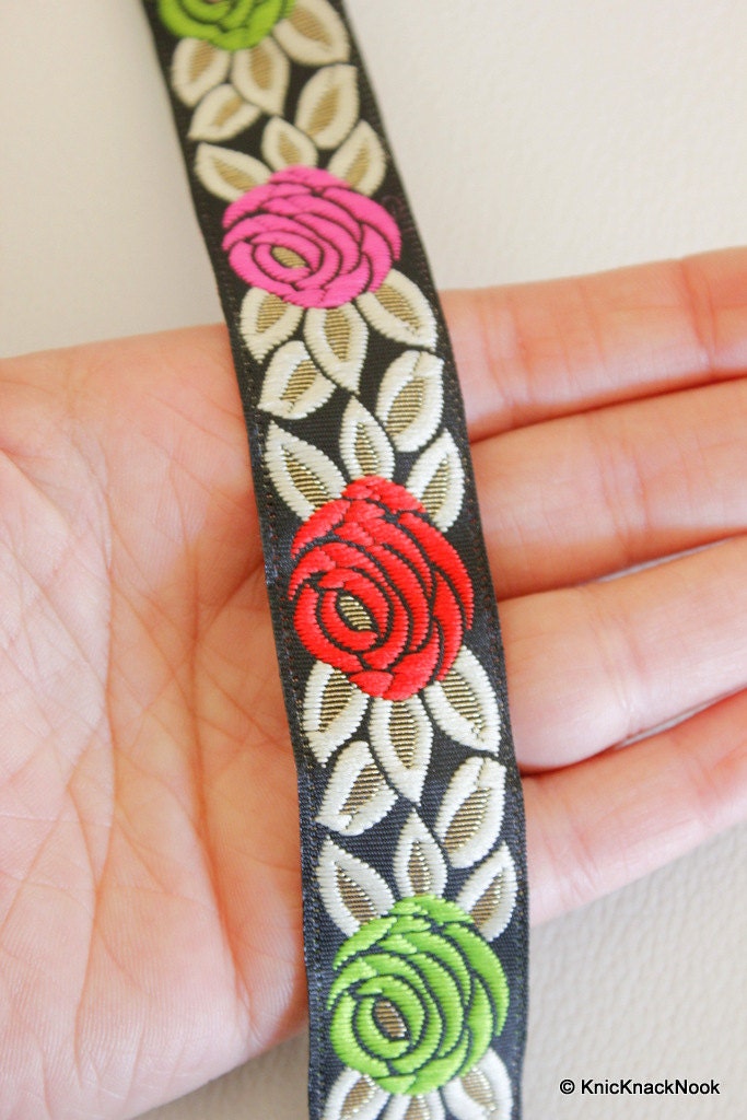 Wholesale Red, Pink And Green Rose Jacquard Black Trim, Approx. 25mm Wide