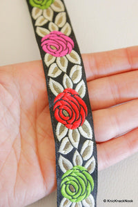 Thumbnail for Red, Pink And Green Rose Embroidery Black Lace Trim, Approx. 25mm Wide