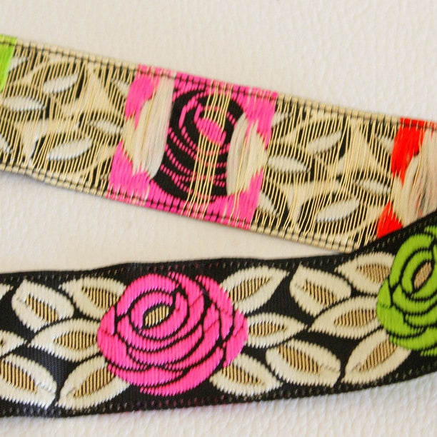Red, Pink And Green Rose Embroidery Black Lace Trim, Approx. 25mm Wide