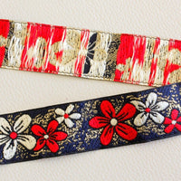 Thumbnail for Red, Beige And Gold Flower Embroidery Blue Fabric Lace Trim, Approx. 26mm Wide
