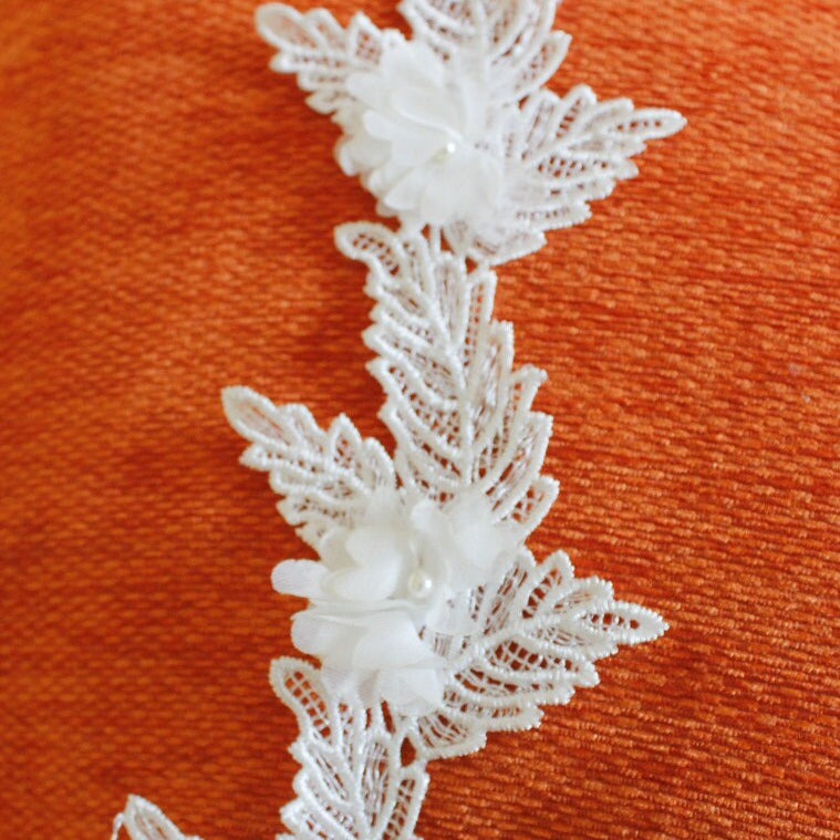 White Embroidered Flower With Leaves Lace Crochet Trim With Pearls, Approx. 11cm Wide