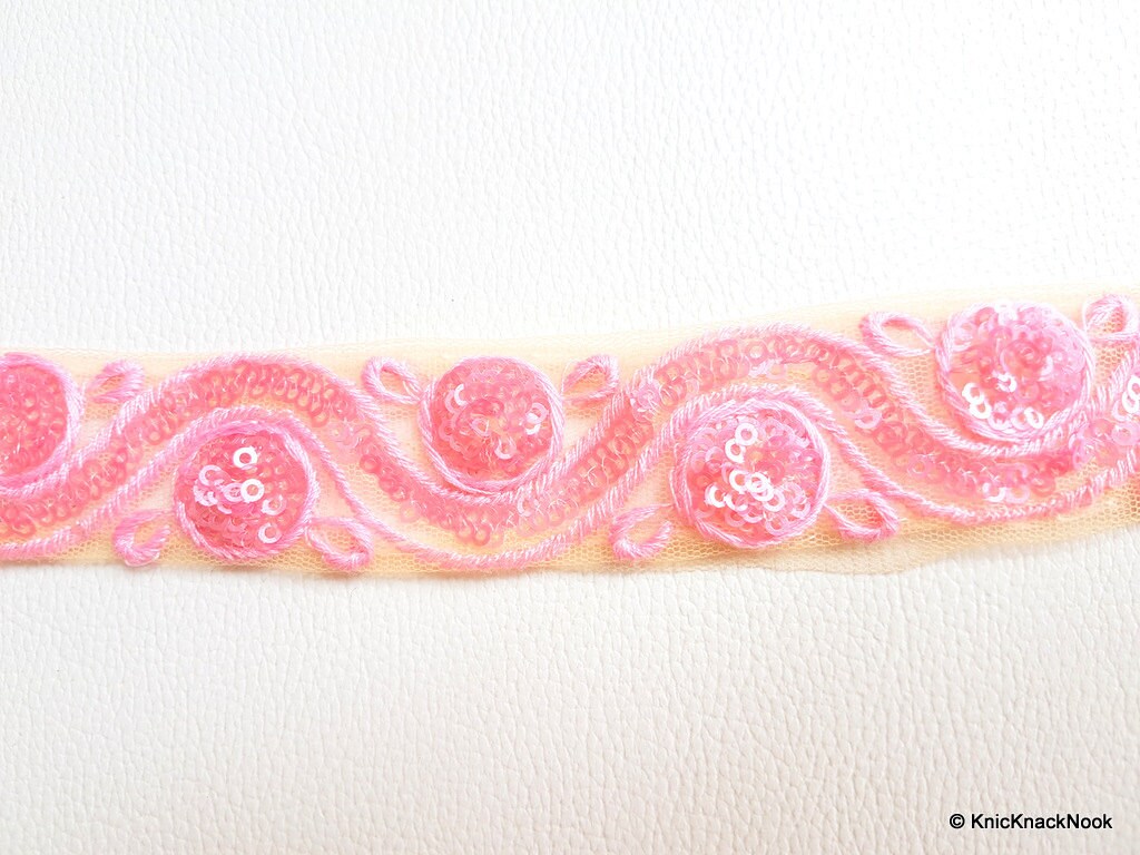 Beige Net Lace Trim With Pink Embroidery And Sequins, Approx. 35mm wide
