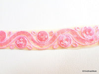 Thumbnail for Beige Net Lace Trim With Pink Embroidery And Sequins, Approx. 35mm wide