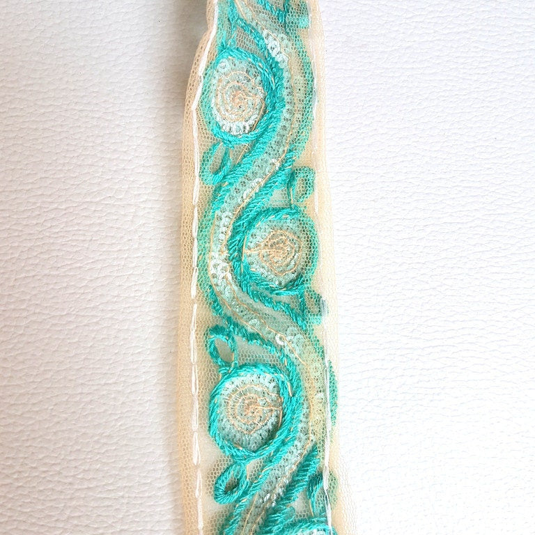 Beige Net Lace Trim With Blue Embroidery And Sequins, Approx. 35mm wide