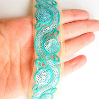 Thumbnail for Beige Net Lace Trim With Blue Embroidery And Sequins, Approx. 35mm wide