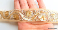 Thumbnail for Beige Net Lace Trim With Silver Embroidery And Gold Sequins, Approx. 35mm wide