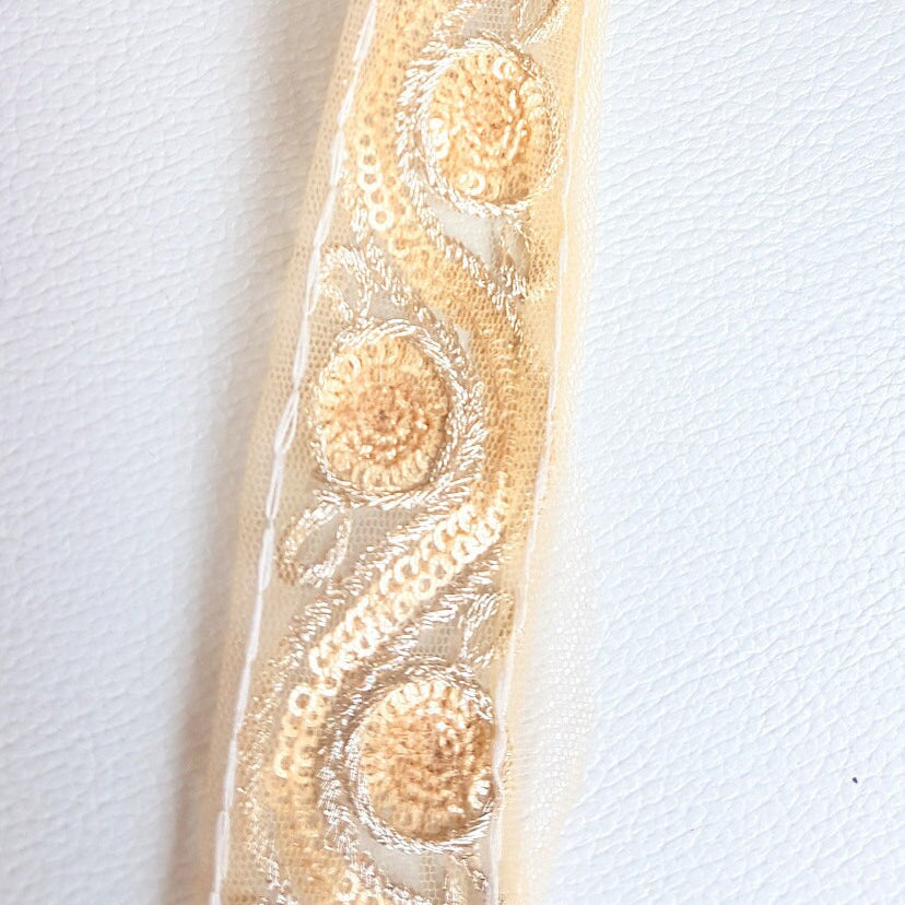 Beige Net Lace Trim With Silver Embroidery And Gold Sequins, Approx. 35mm wide