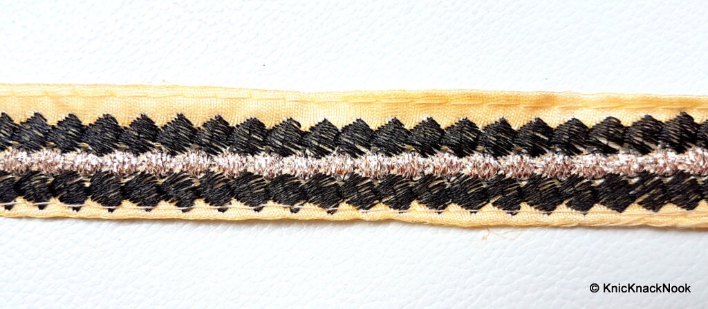 Beige Fabric Trim With Black And Gold Thread Embroidery Lace Trim, Approx. 25mm Wide