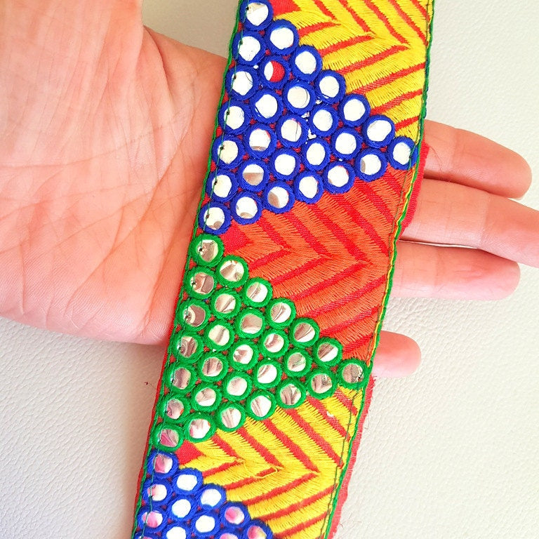 Red Mirrored Fabric Trim With Yellow, Orange , Green And Blue Embroidery With Mirrors