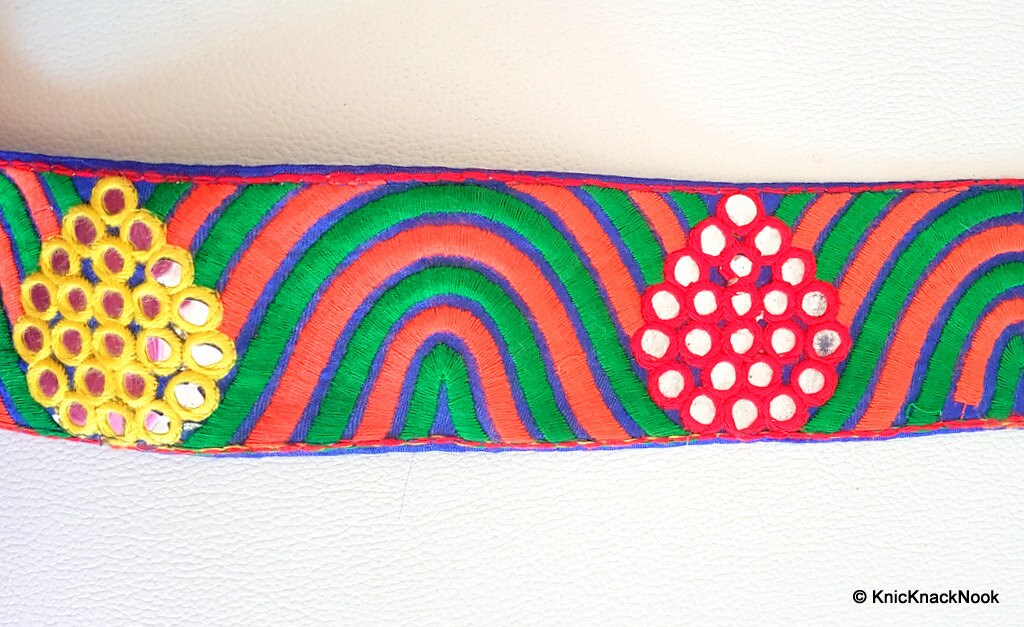 Blue Mirrored Fabric Trim With Orange, Green, Red And Yellow Embroidery With Mirrors