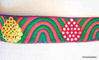 Thumbnail for Blue Mirrored Fabric Trim With Orange, Green, Red And Yellow Embroidery With Mirrors