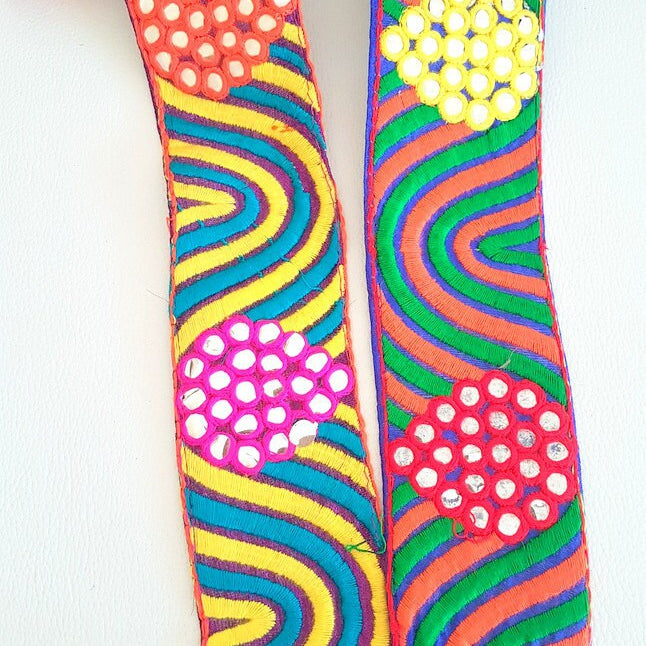 Blue Mirrored Fabric Trim With Orange, Green, Red And Yellow Embroidery With Mirrors