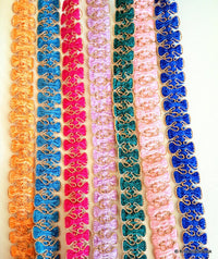 Thumbnail for Lilac Purple Lace Trim With Gold Border Piping, Approx. 25mm
