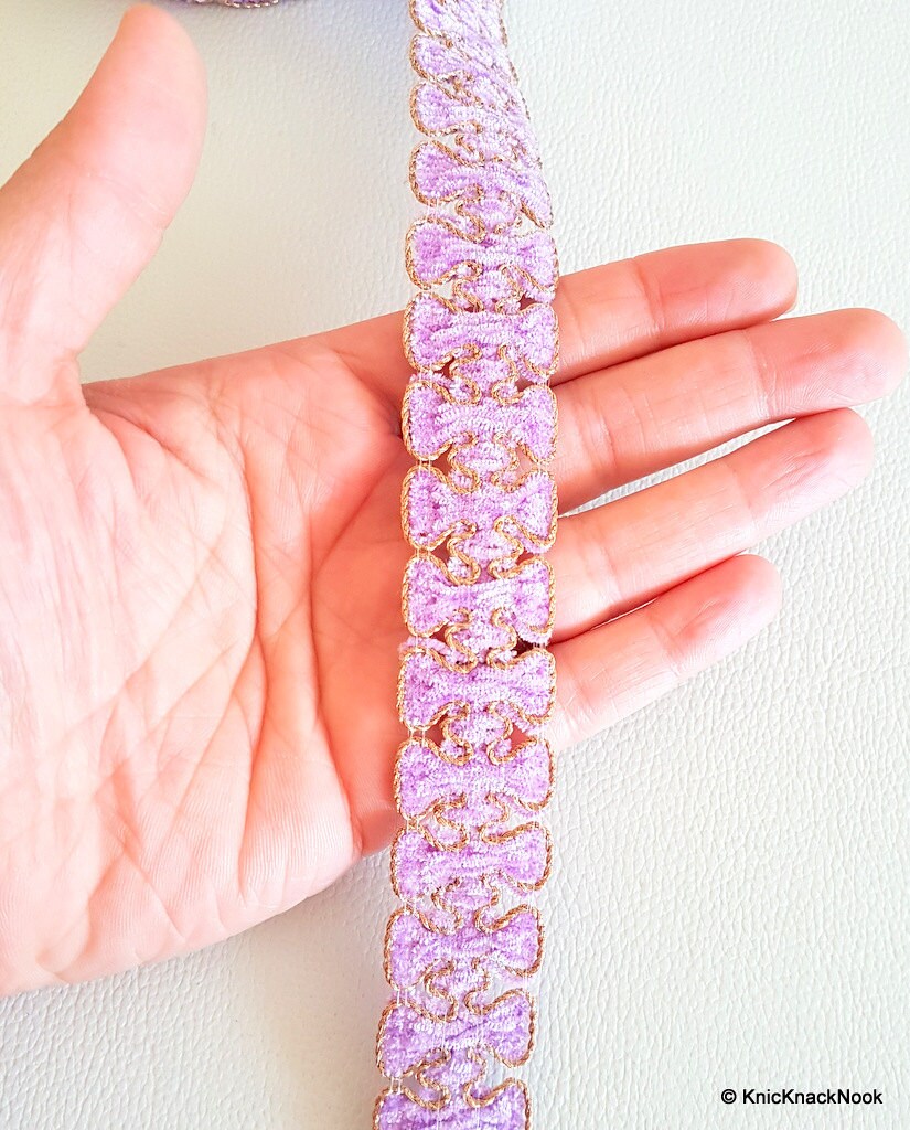 Lilac Purple Lace Trim With Gold Border Piping, Approx. 25mm