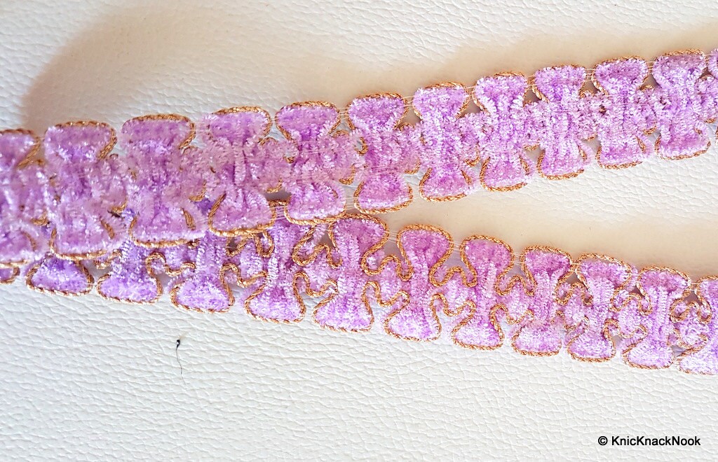 Lilac Purple Lace Trim With Gold Border Piping, Approx. 25mm