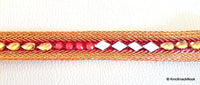 Thumbnail for Fuchsia And Gold Woven Thread Lace Trim With Mirror And Rhinestone Embellishments, Approx. 18mm Wide
