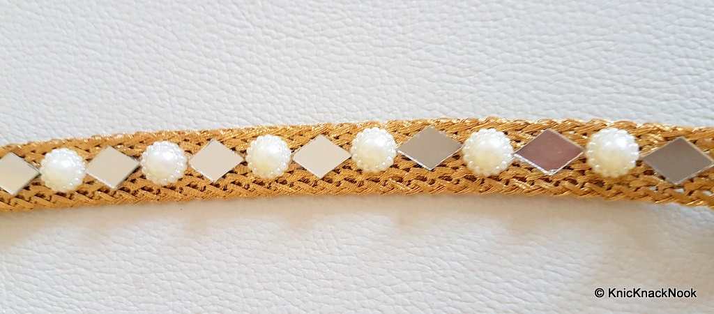 Gold Woven Thread Lace Trim With Mirror And Pearl Embellishments, Approx. 16mm Wide