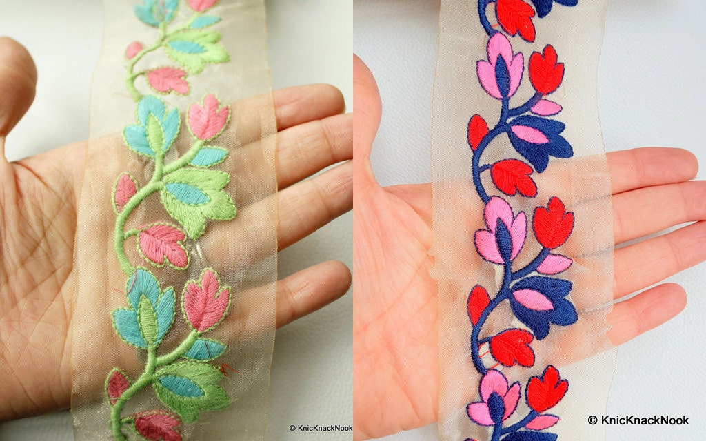 Gold Sheer Trim With Red, Blue And Pink Floral Embroidery, Approx. 65mm Wide
