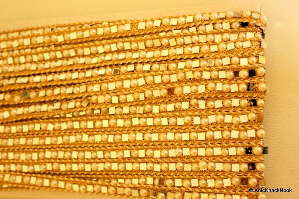 Silver Woven Thread Lace Trim With Mirror And Pearl Embellishments, Approx. 12mm Wide