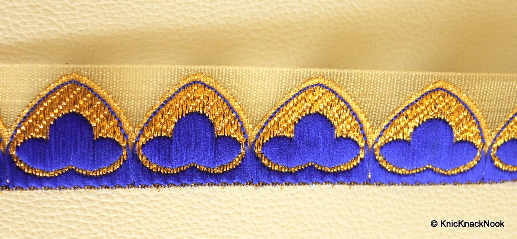 Gold Sheer Trim With Blue And Gold Embroidery, Approx. 32mm Wide