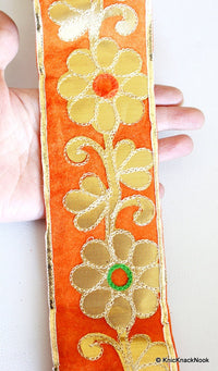 Thumbnail for Orange Fabric Trim With Floral Embroidery, Gold, Orange And Green Trim