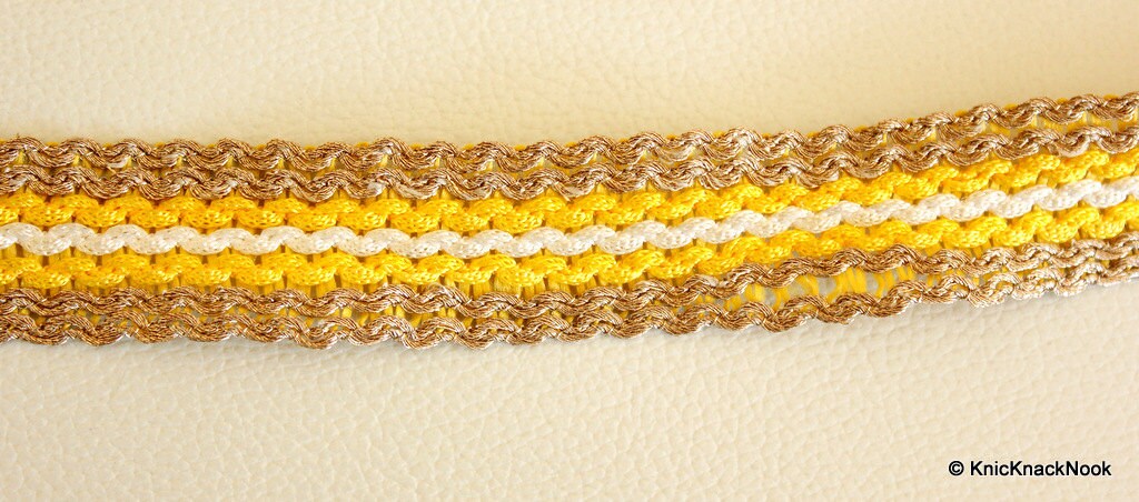 Yellow, White And Gold Thread Lace Trim, 20mm wide