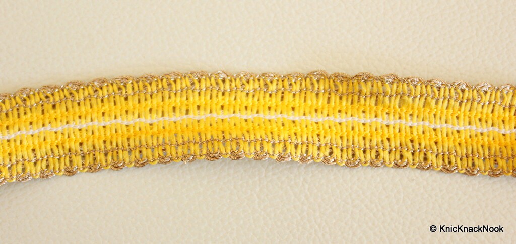 Yellow, White And Gold Thread Lace Trim, 20mm wide