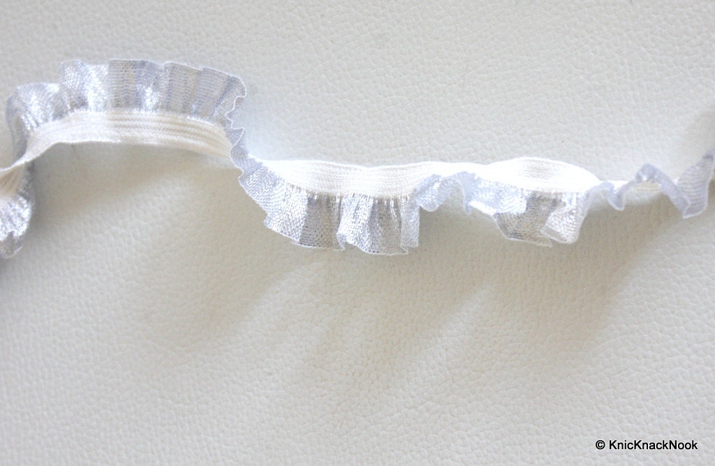 Wholesale Pleated Silver And White Tissue Ribbon Trim, Approx. 19mm wide