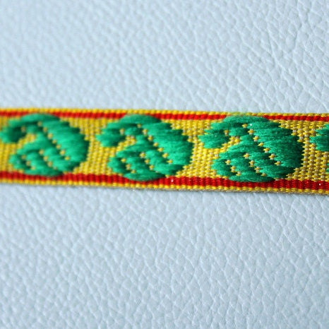 Yellow Fabric Trim With Green And Red Embroidery Thread Lace Trim, 15mm wide