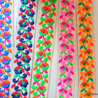 Thumbnail for Wholesale Jacquard Off White Fabric Trim With Fuchsia, Orange And Green Floral Embroidery, Approx. 26mm Wide