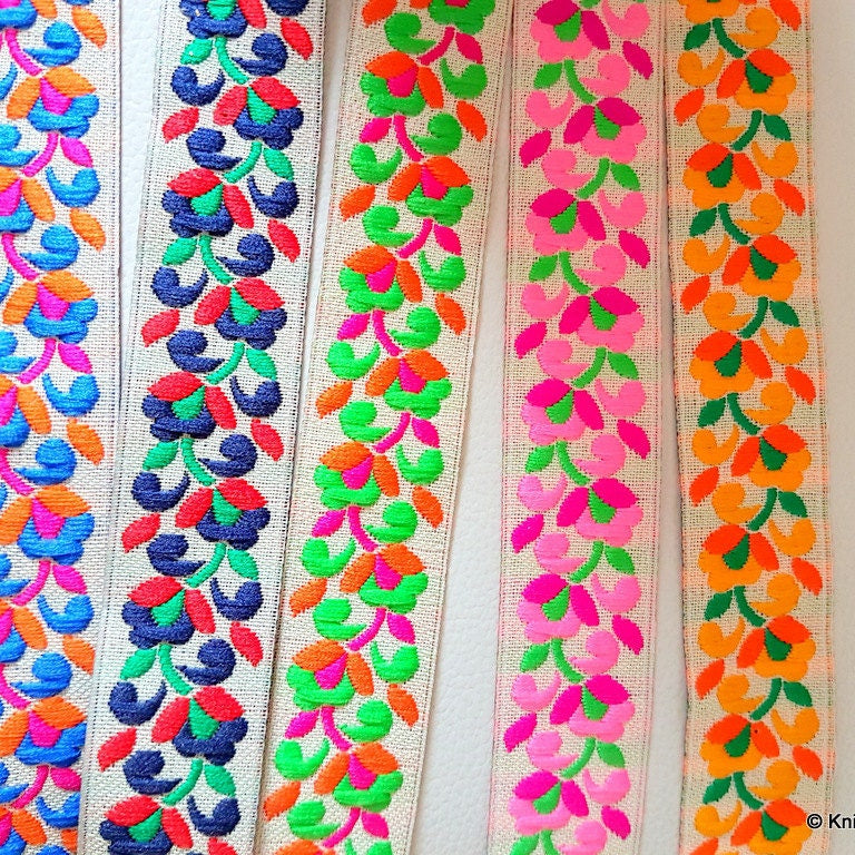Off White Fabric Trim With Fuchsia, Orange And Green Floral Embroidery, Approx. 26mm Wide