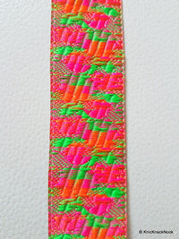 Thumbnail for Off White Fabric Trim With Fuchsia, Orange And Green Floral Embroidery, Approx. 26mm Wide