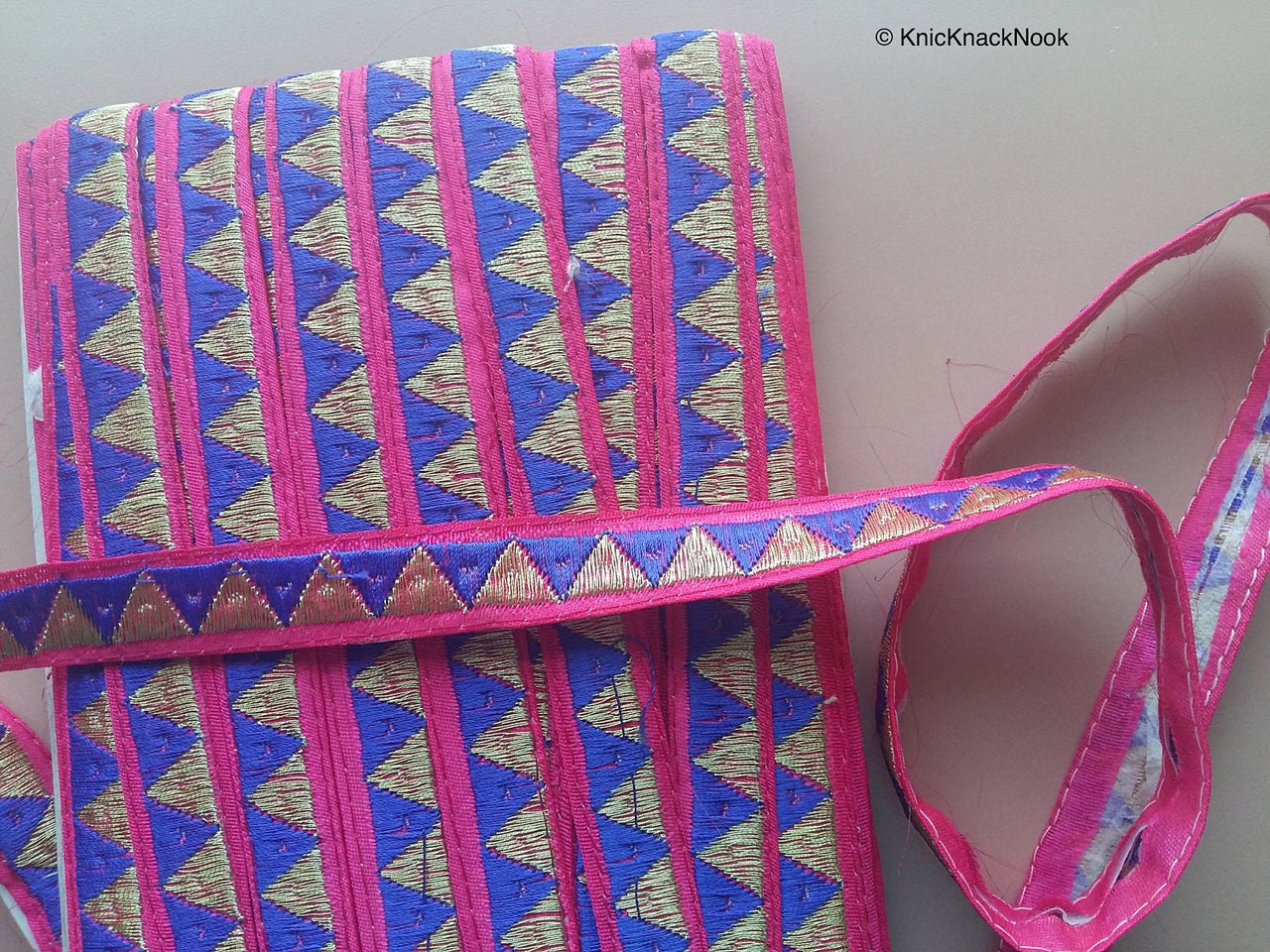 Blue, Fuchsia And Bronze Thread Triangle Embroidery One Yard Lace Trim 18mm Wide - 200317L302