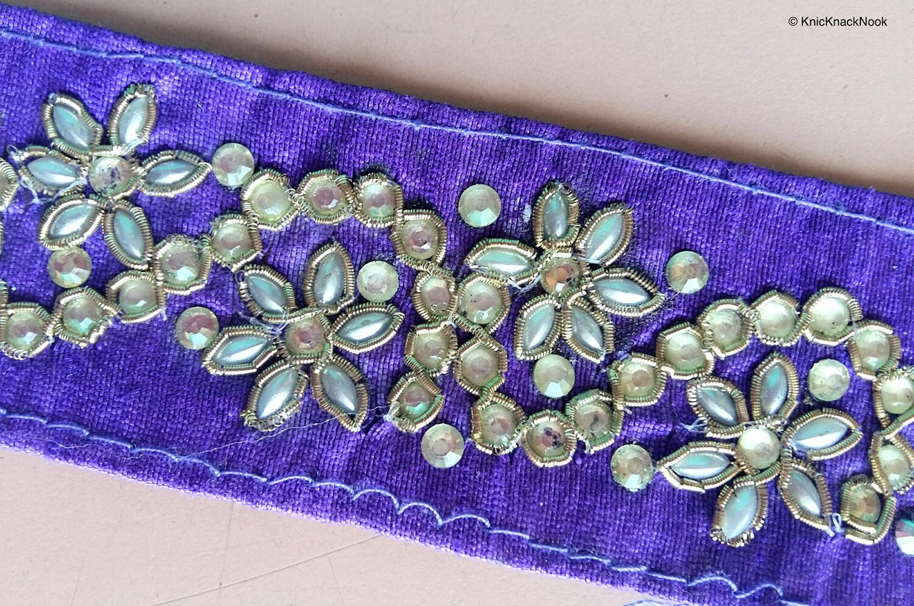 Purple And Silver Thread Embroidery Kundan Work One Yard Lace Trim 40mm Wide - 200317L523