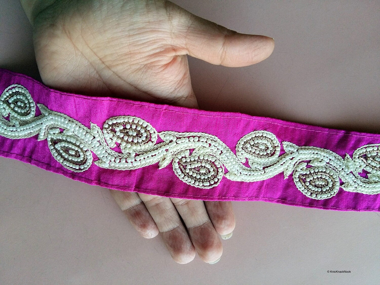 Fuchsia Pink Trim With White Pearl Beads And Beige And Gold Embroidery, Approx. 44.5 mm Wide - 200317L530