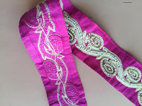 Thumbnail for Fuchsia Pink Trim With White Pearl Beads And Beige And Gold Embroidery, Approx. 44.5 mm Wide - 200317L530