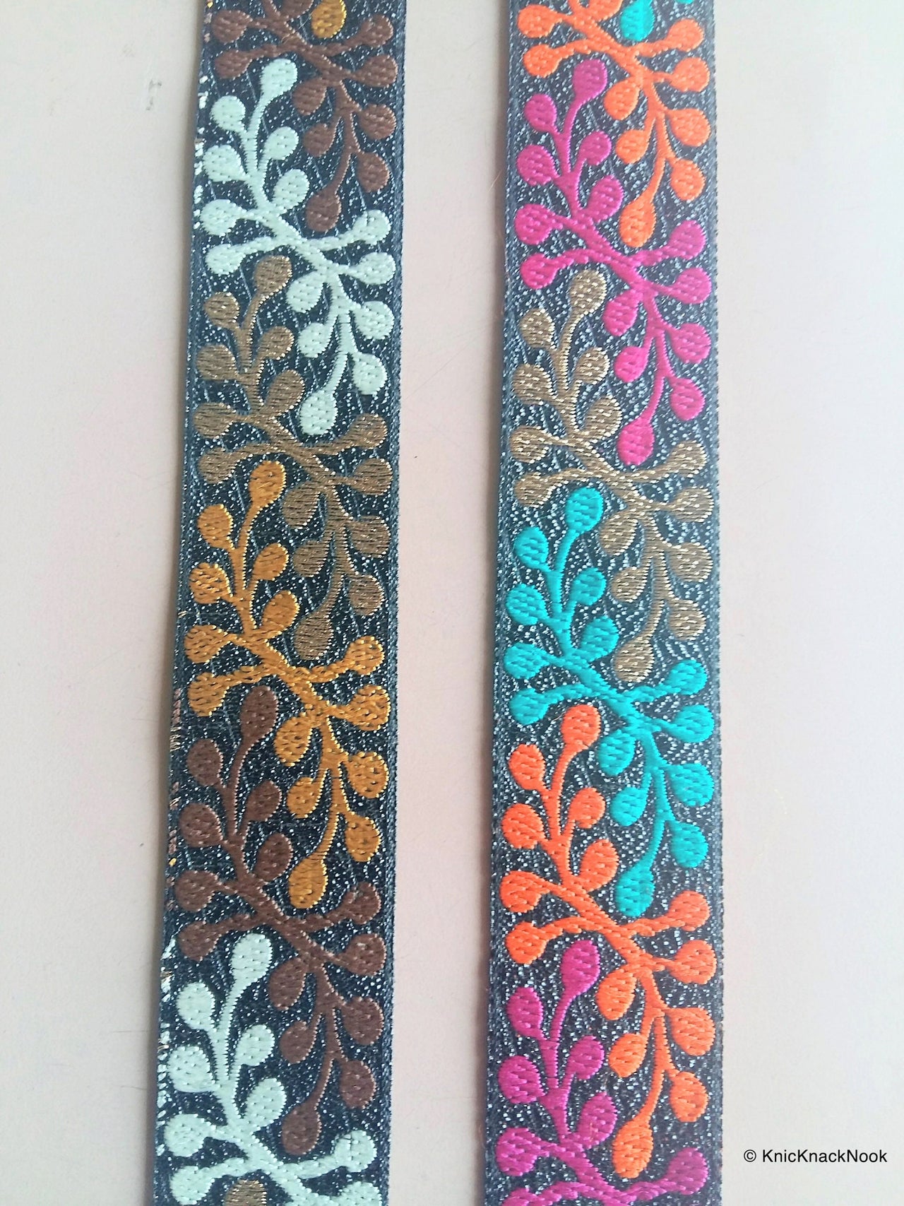 Shimmer Black Fabric Trim With White, Gold, Yellow And Brown Thread Embroidery - 200317L279