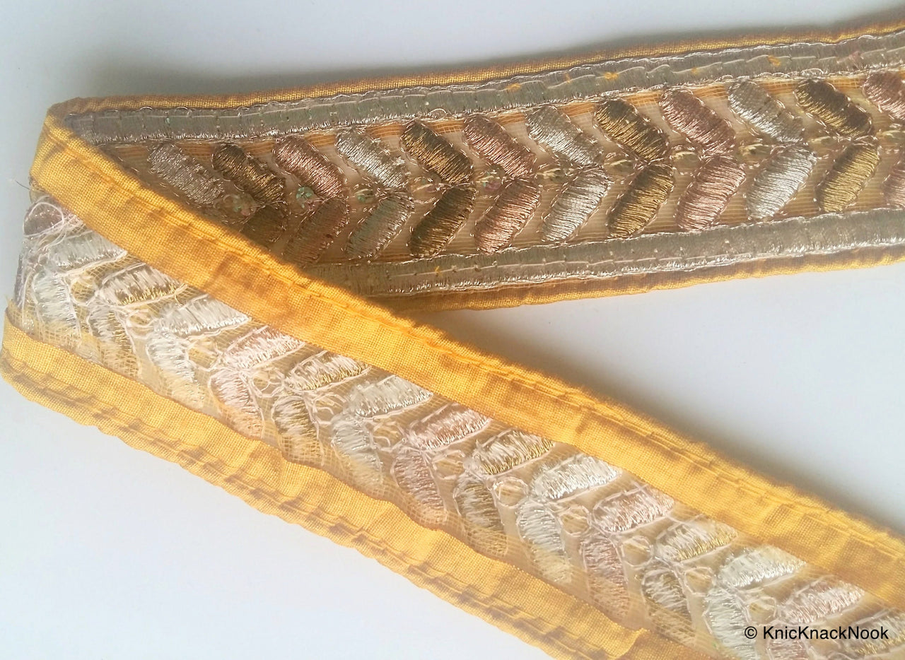 Yellow / Purple / Fuchsia Pink / Black Silk Fabric Trim With Gold Embroidery - 200317L274/75/76/77