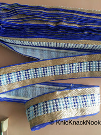 Thumbnail for Blue, Silver And White Trim With FlatBack Beads Lattice On Velvet Fabric Trim, Approx. 50mm wide - 200317L212