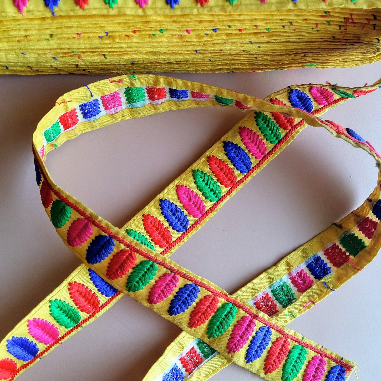 Yellow Trim With Green, Blue, Pink And Red Embroidery