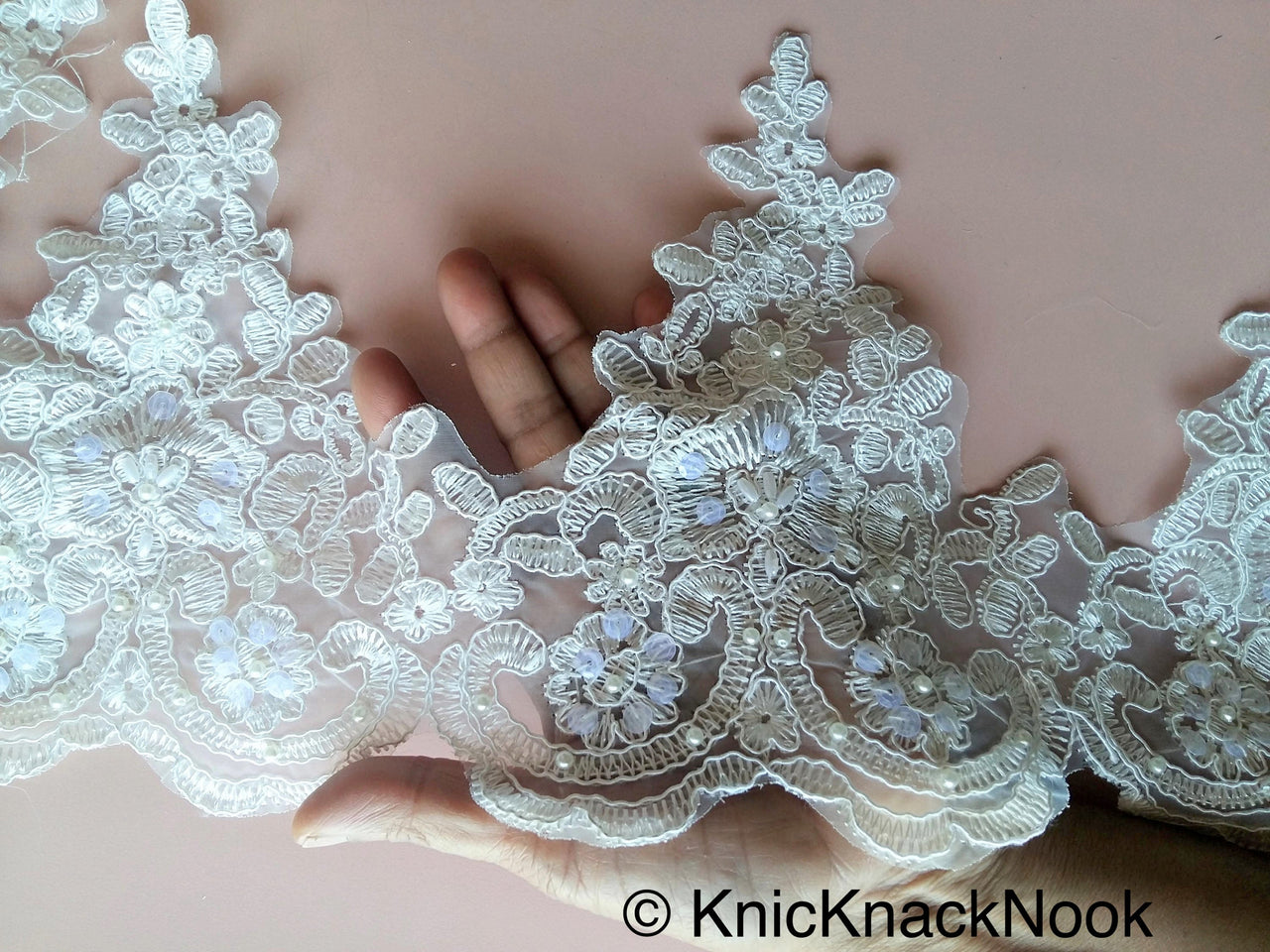 Wholesale White Embroidery Bridal Trim With White Pearls And Clear Sequins, Approx. 20 cm wide, Wedding Lace