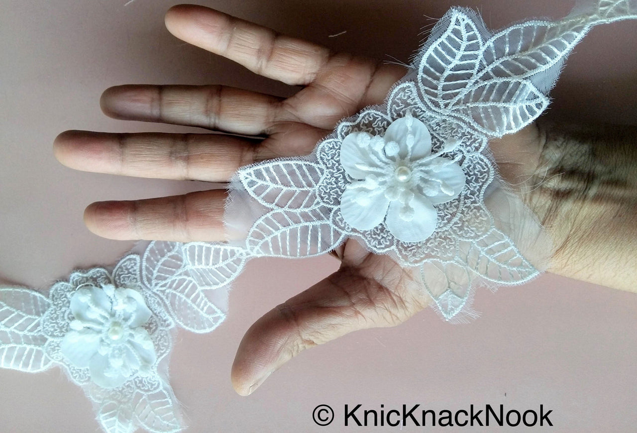 Off White Layered Flower Trim With Sheer Fabric And Crochet Embroidery With Pearl, Cotton Dyeable Trim, Approx. 10cm Wide - 200317L39