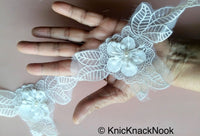 Thumbnail for Off White Layered Flower Trim With Sheer Fabric And Crochet Embroidery With Pearl, Cotton Dyeable Trim, Approx. 10cm Wide - 200317L39